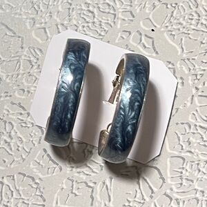 80s Vintage Silver-tone Blue Swirl Clip Hoop Earrings